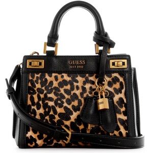 GUESS Katey Mini Handbag/Satchel/ Crossbody Leather Leopard Print w/ Black trim.